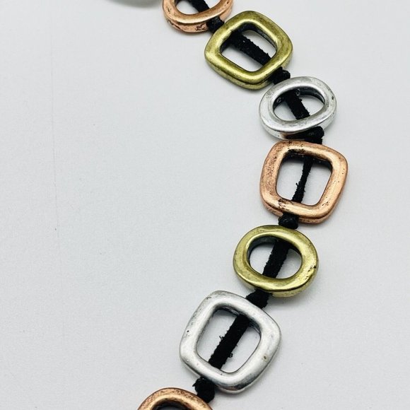 Open Square Necklace Black Suede Cord Mixed Metal Tones Modernist Classic Career - Picture 4 of 9